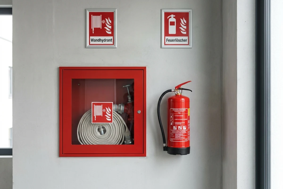 Wandhydrant und Feuerlöscher mit deutscher Beschilderung, betriebsbereit montiert