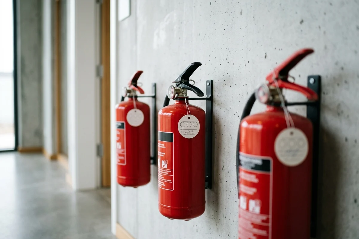 Feuerlöscher mit Prüfplaketten an einer Betonwand, Symbol für die Brandschutz-Eigenkontrolle